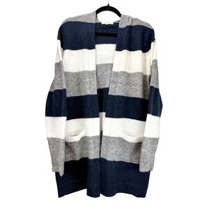 Peyton Primrose Blue White Gray Open Front Hoodie‎ Sweater Cardigan Knit Size L
